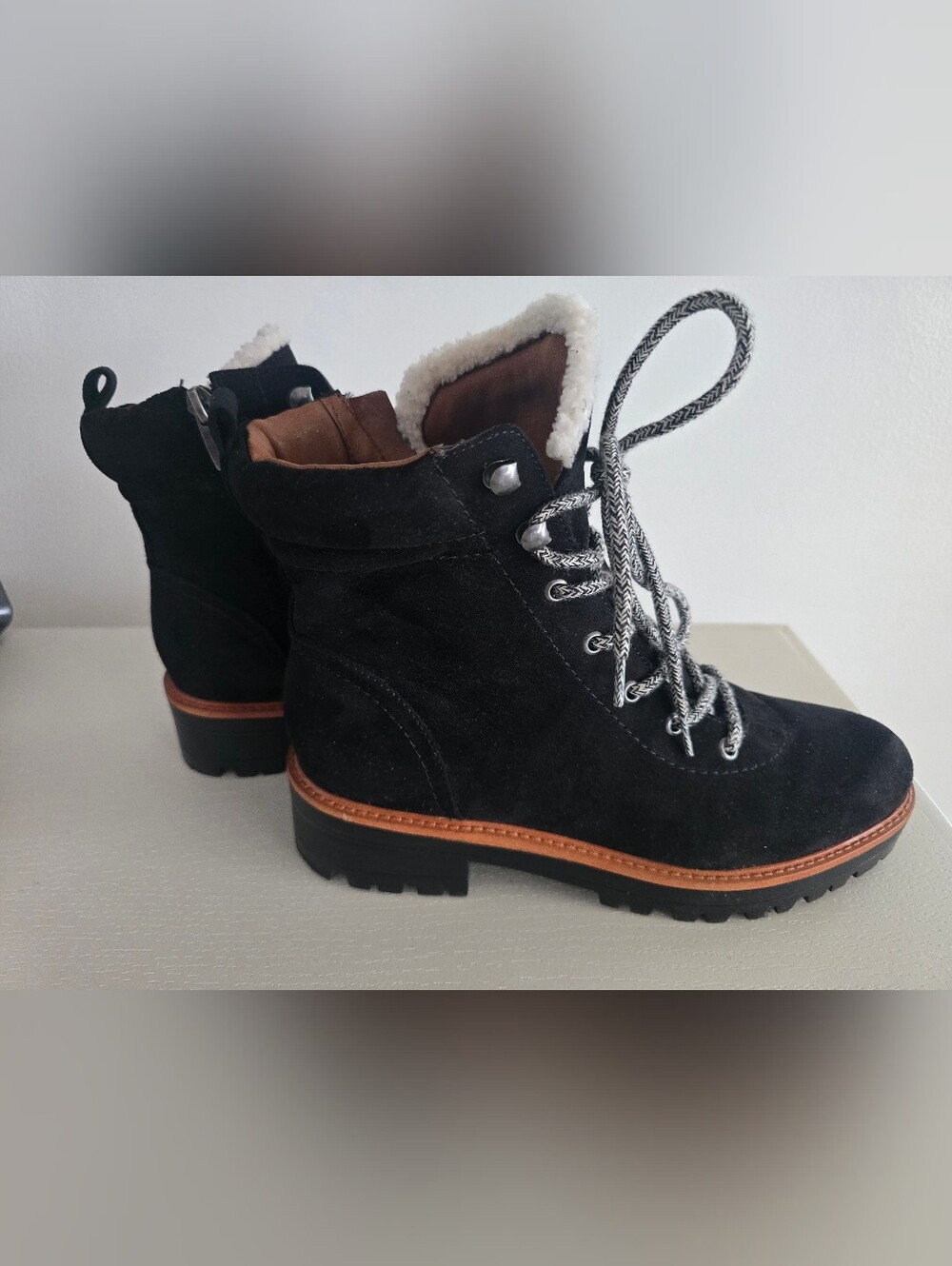 Marc Fisher Black Suede Lace-Up Ankle Boots with Shearling Collar